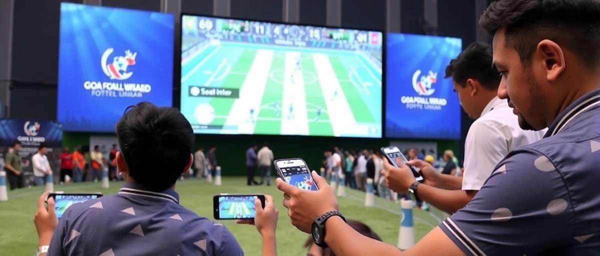 Goa Football Wizard - Mumbai Tournament Goa Football Wizard tournament in Mumbai showing players competing on mobile devices with a large screen displaying the matches